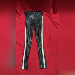 SPANX Faux Leather Leggings Black White Side Stripe Detailing M Medium EUC HTF